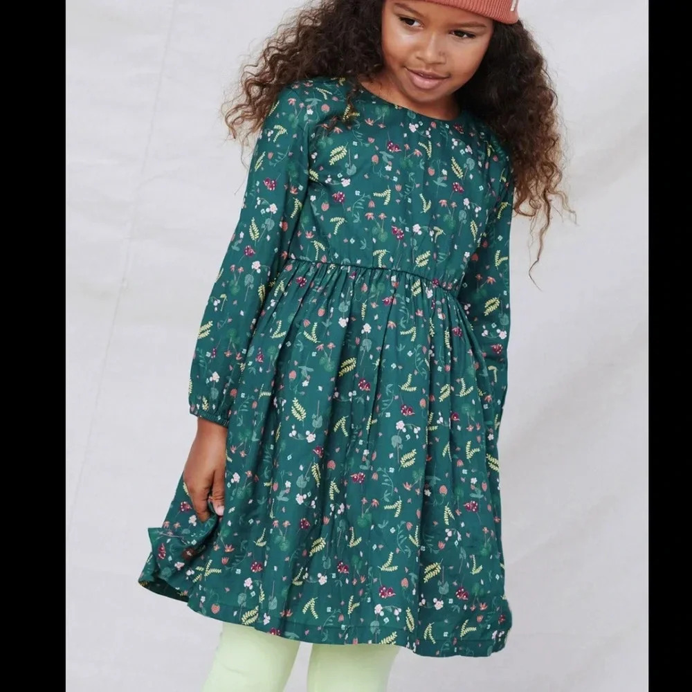 Tea Collection Girls Green Floral Long-Sleeve Dress